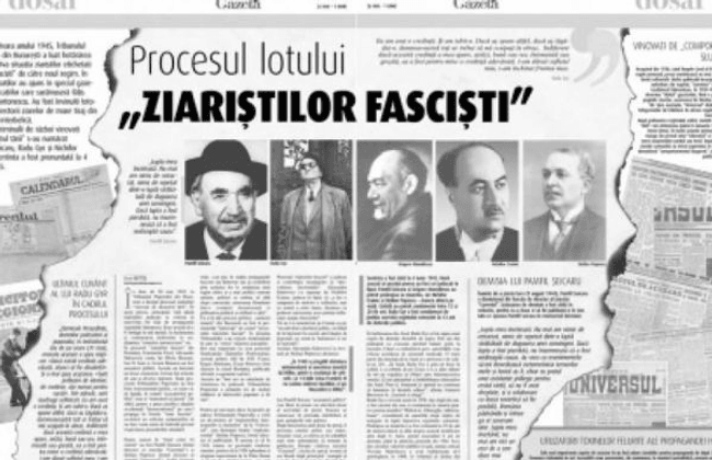 Colaj alb-negru despre procesul „Lotului ziariștilor fasciști”, cu portrete ale unor ziariști români judecați în 1945 și fragmente din publicații ale epocii.