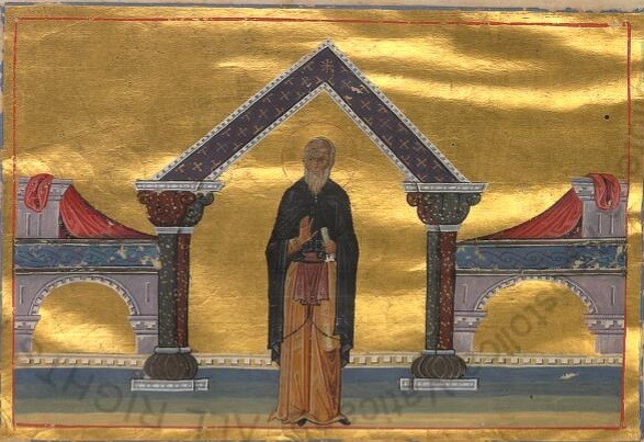 SF. Cuv. Talaleu din Siria (sec. V) - în Menologhionul lui Vasile al II-lea - foto preluat de pe ro.orthodoxwiki.org