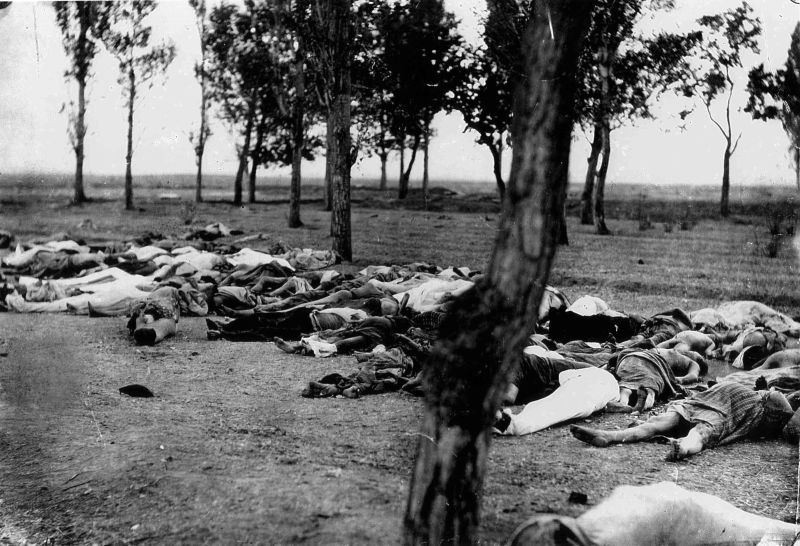 Cadavre de Armeni: fotografie făcută de către Biserica Apostolică Armeană și transmisă lui Henry Morgenthau(d), în 1915, în apropiere de Ankara.
Publicată în 1919 în Memoriile ambasadorului Morgenthau, ambasadorul american scria în legendă: „Cei care au căzut pe drum. Scene similare erau fapt divers în toate provinciile armenești, în primăvara și în toamna lui 1915. Moartea în toate formele ei — masacre, foamete, epuizare — îi distrugea pe mare parte din refugiați. Politica turcă era exterminarea sub acoperirea deportării.” - foto preluat de pe ro.wikipedia.org