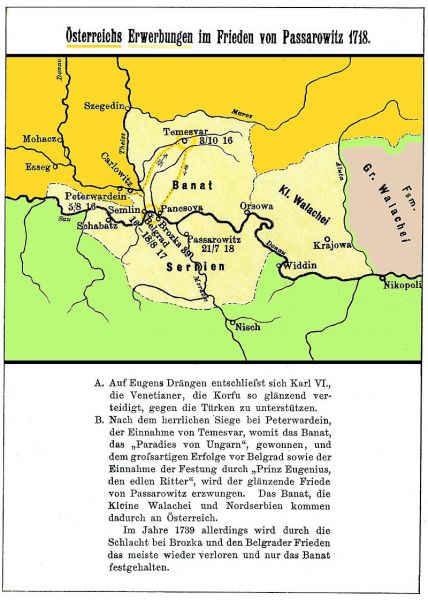 Teritoriile atribuite Habsburgilor în urma tratatului de la Pojarevăț (21 iulie 1718) - foto: ro.wikipedia.org