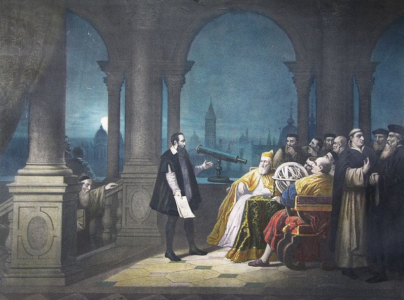 Pictură din secolul al XIX-lea reprezentând pe Galileo Galilei prezentând telescopul său lui Leonardo Donato în 1609 - foto preluat de pe ro.wikipedia.org
