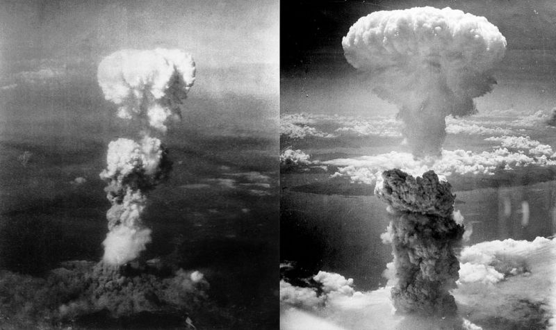 stanga - Norul ciupercă provocat de explozia aruncării primei bombe atomice, Little Boy, deasupra orașului Hiroshima;
dreapta - Norul ciupercă provocat de explozia aruncării celei de-a doua bombe atomice, [The] Fat Man, deasupra orașului Nagasaki s-a ridicat la 18 km (sau 11 mi = 60,000 ft) în atmosferă deasupra hipocentrului
foto preluat de pe en.wikipedia.org