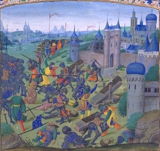 Bătălia de la Nicopole - (25 septembrie 1396) Parte din Războaiele otomane din Europa - Miniatură din cronica lui Jean Froissart, 1398 - foto preluat de pe ro.wikipedia.org