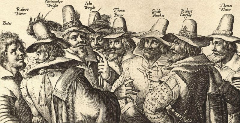 ''Complotul prafului de pușcă'' (5 noiembrie 1605) - litografie monocromă contemporană complotului, realizată de Crispijn van de Passe, prezintă opt din cei treisprezece conspiratori. Lipsesc Digby, Keyes, Rookwood, Grant și Tresham. Guy Fawkes este al treilea din dreapta - foto preluat de pe ro.wikipedia.org