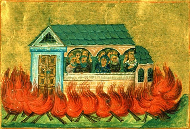 Sfinții 20.000 de Mucenici arși în Nicomidia (Menologhionul lui Vasile al II-lea, sec. XI) au pătimit în anul 287, pe când în Nicomidia păstorea episcopul Chiril. Pomenirea lor de catre Biserica Ortodoxa se face la data de 28 decembrie  - foto preluat de pe doxologia.ro