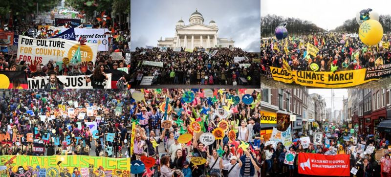 ClimateMarch 2015 (din stânga sus, în mersul acelor de ceasornic: Melbourne, Helsinki, Berlin, Amsterdam, Bogotá, Jakarta)