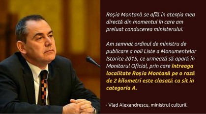 Într-un răspuns adresat dlui. Prof. Ioan Piso, ministrul culturii dl. Vlad Alexandrescu a anunțat că a semnat ordinul de ministru de publicare a noii Liste a Monumentelor Istorice 2015 prin care întreaga localitate Roșia Montană pe o rază de 2 kilometri este clasată ca sit în categoria A - foto: facebook.com