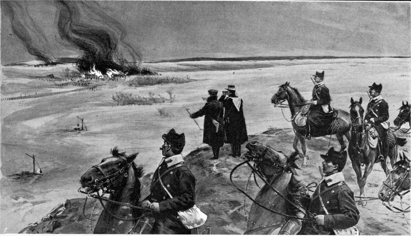 "Răscoala Țărănească din 1907" (O patrulă de cavalerie observă casele incendiate de către răsculaţi lângă Buzău) - foto preluat de pe ro.wikipedia.org