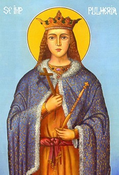 Sfânta și drept-credincioasa Pulcheria Împărăteasa (sau Poulcheria) a fost fiica lui Arcadie, împăratul Imperiului Roman de Răsărit, și a soției sale Aelia Eudoxia. Ca regentă a fratelui ei mai mic Teodosie al II-lea și împărăteasă în nume propriu, ea a influențat cu tărie comportamentul guvernării imperiale în relația cu creștinii, în special în perioada controverselor nestoriene din secolul al V-lea. Prăznuirea ei se face pe 10 septembrie; de asemenea, ea mai este pomenită de către Biserica Ortodoxă pe 17 februarie împreună cu soțul său Împăratul Marcian - foto: doxologia.ro