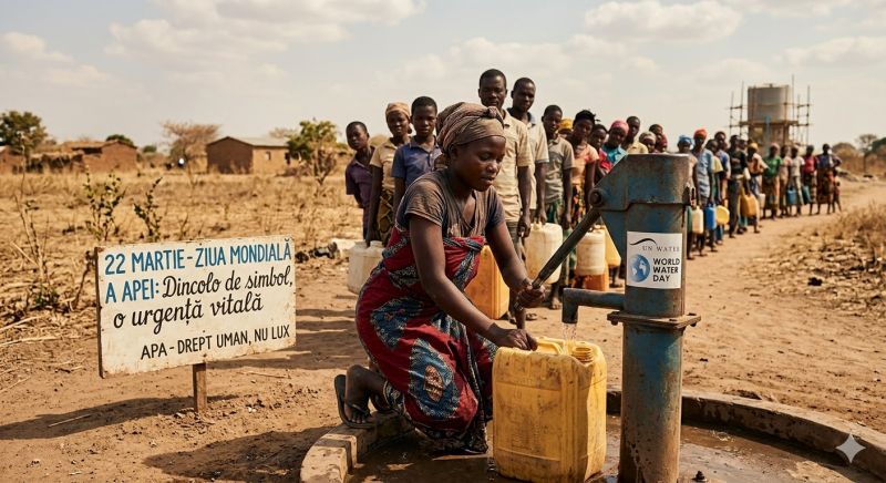 Femeie pompează apă la un puț dintr-un sat african de Ziua Mondială a Apei 2026