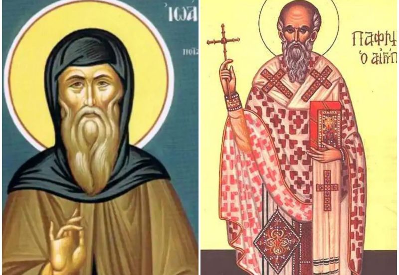 Colaj de icoane ortodoxe înfățișându-i pe Sfântul Cuvios Ioan de la Lavra Veche, reprezentat ca monah în peșteră, și pe Sfântul Sfințit Mucenic Pafnutie, reprezentat în haine episcopale, simbolizând verticalitatea prin asceză și martiriu.