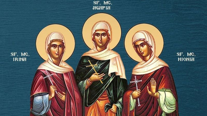 Icoană reprezentând pe Sfintele Mucenițe fecioare Agapia, Irina și Hionia, martirizate în Tesalonic, prăznuite în Joia din Săptămâna Luminată.