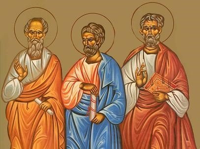 Sfinții Apostoli Aristarh, Pud și Trofim (secolul I d.Hr.) -  Icoană sec. XX, Grecia - Colecția Sinaxar la Sfinții zilei (icoanele litografiate se găsesc la Catedrala Mitropolitană din Iași) - foto preluat de pe doxologia.ro
