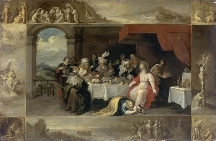 Magdalena spălând picioarele lui Iisus, înconjurată de grisaile din alte scene din viața „Magdalenei compozite”, Frans Francken II, 1637 - foto preluat de pe en.wikipedia.org