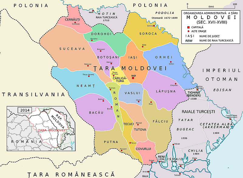 Ținuturile principatului Moldovei (1601-1718) după „Înfățișarea Moldovei” (Descriptio Molaviae ) de Dimitrie Cantemir - foto preluat de pe ro.wikipedia.org