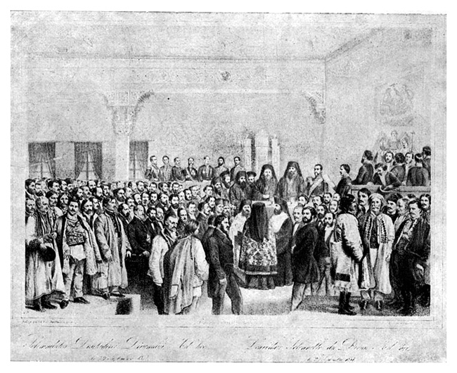 Solemnitatea deschiderii Adunării ad-hoc din Ţara Românească (Bucureşti, 8 octombrie 1857) litografie de Carol Popp de Szathmáry - foto preluat de pe ro.wikipedia.org
