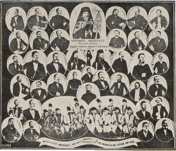 Divanul ad-hoc al Moldovei (7 octombrie 1857) a fost format dintr-un număr de 85 de deputați, aleși în cinci colegii: cler, mari proprietari, mici proprietari, reprezentanți ai orașelor și reprezentanți ai satelor. Componența divanului era următoarea: 8 reprezentanți ai clerului, 28 de reprezentanți ai marilor proprietari, 14 reprezentanți ai micilor proprietari, 15 reprezentanți ai populației rurale și 20 reprezentanți ai populației urbane - foto preluat de pe ro.wikipedia.org