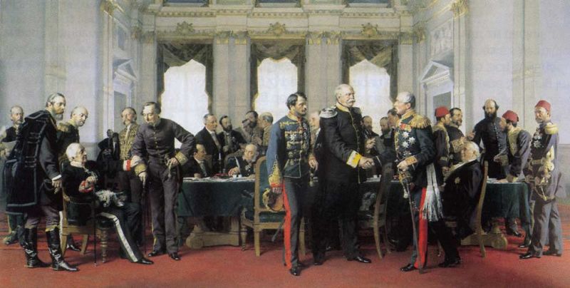 Pictură reprezentând delegații marilor puteri europene reuniți la Congresul de la Berlin din 1878, în timpul ședinței finale desfășurate la Cancelaria Reichului German.
