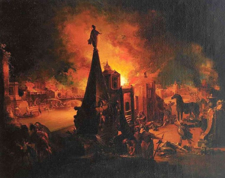 „Prăbuşirea Troiei” (11 iunie 1184 î.Hr.) de Johann Georg Trautmann (1713 - 1769) - foto preluat de pe ro.wikipedia.org