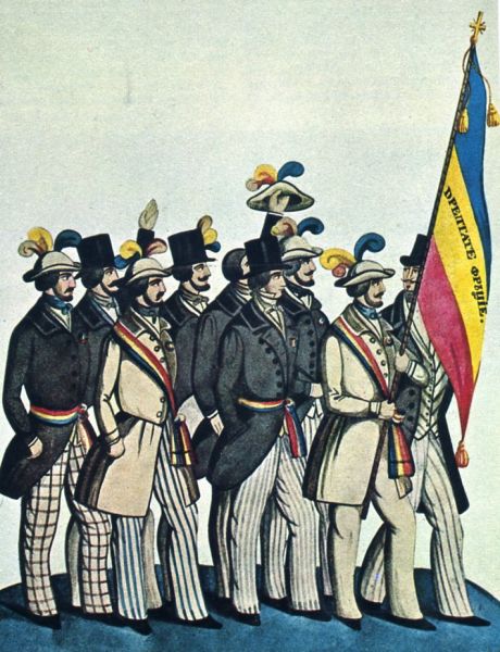 Acuarelă de Costache Petrescu reprezentând studenți revoluționari români la Paris în 1848, purtând tricolorul românesc cu inscripția „Dreptate, Frăție”.