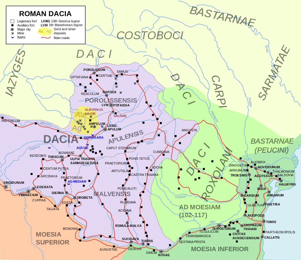Dacia romana (106 - 271) a fost o provincie romană după cucerirea Daciei de către Imperiul Roman sub conducerea lui Traian în 106 și a durat până în 271, deci un total de 165 de ani - foto preluat de pe ro.wikipedia.org