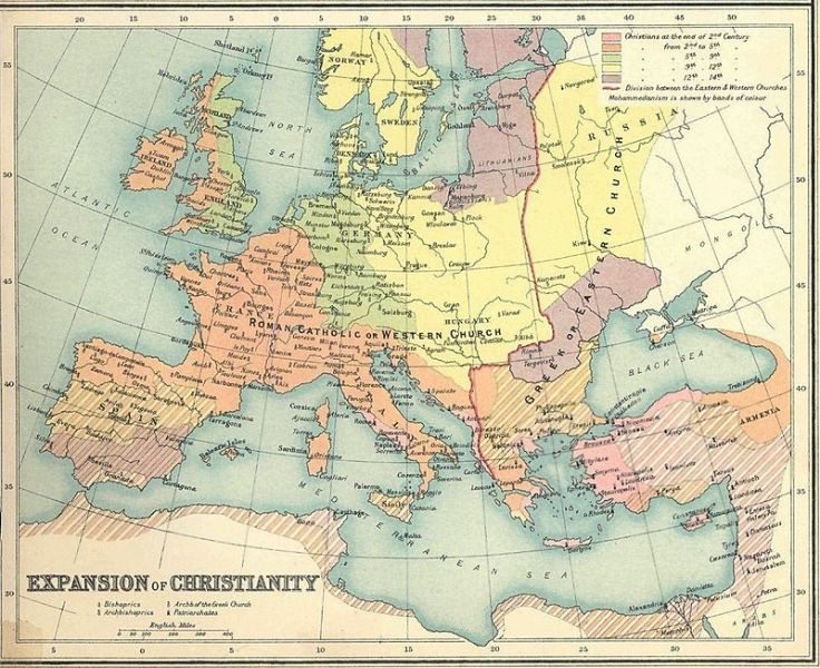 Europa dupǎ Marea Schismă (16 iulie 1054), împǎrțitǎ între ortodocși (albastru) și catolici (portocaliu) - foto preluat de pe en.wikipedia.org