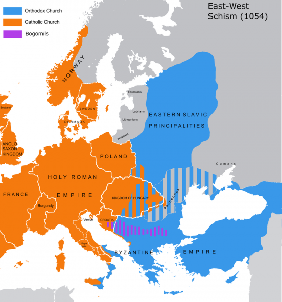 Europa dupǎ Marea Schismă (16 iulie 1054), împǎrțitǎ între ortodocși (albastru) și catolici (portocaliu) - foto preluat de pe ro.wikipedia.org