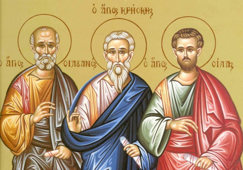 Sfinții Apostoli Silvan, Crescent și Sila - Icoană sec. XX, Mănăstirea Kalamiou, Nafklios (Grecia) - Colecția Sinaxar la Sfinții zilei (icoanele litografiate se găsesc la Catedrala Mitropolitană din Iași) - foto preluat de pe ziarullumina.ro
