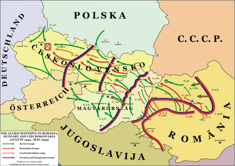 Forţele române pe frontul de vest - În roşu, campania trupelor române de partea Aliaţilor, alături de trupele sovietice (verde) şi cehoslovace (portocaliu), între 24 august 1944 şi 7 mai 1945 - foto preluat de pe ro.wikipedia.org