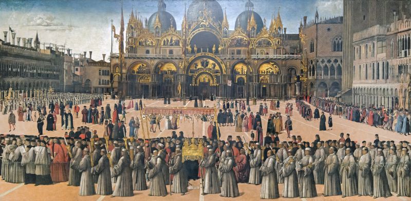 O relicvă a Adevăratei Cruci purtată în procesiune prin Piazza San Marco, Veneția. Gentile Bellini (1429–1507) - foto preluat de pe en.wikipedia.org