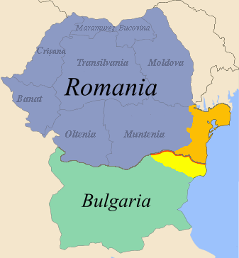 Dobrogea: partea românească în portocaliu, partea bulgărească (Cadrilaterul) în galben - foto preluat de pe ro.wikipedia.org