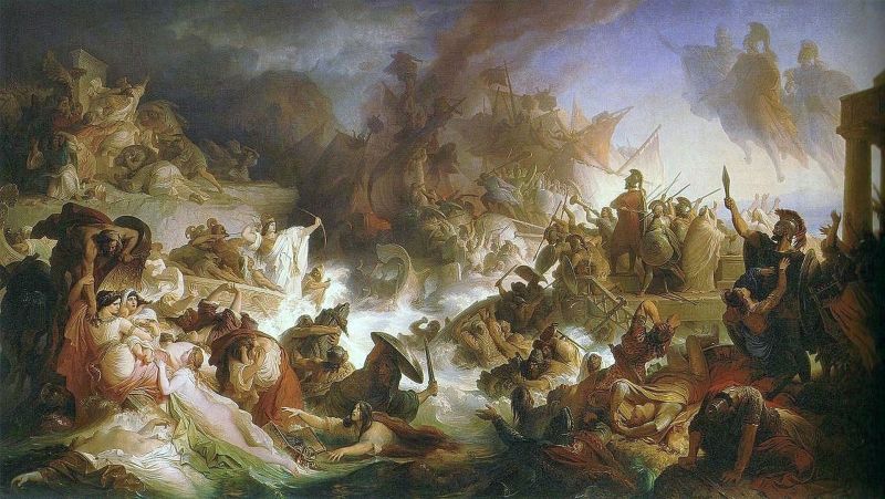 „Bătălia de la Salamina” (septembrie, 480 î.Hr.) Parte a războaielor greco-persane - O versiune romantică a picturii bătăliei de către artistul Wilhelm von Kaulbach (1868) - foto preluat de pe en.wikipedia.org