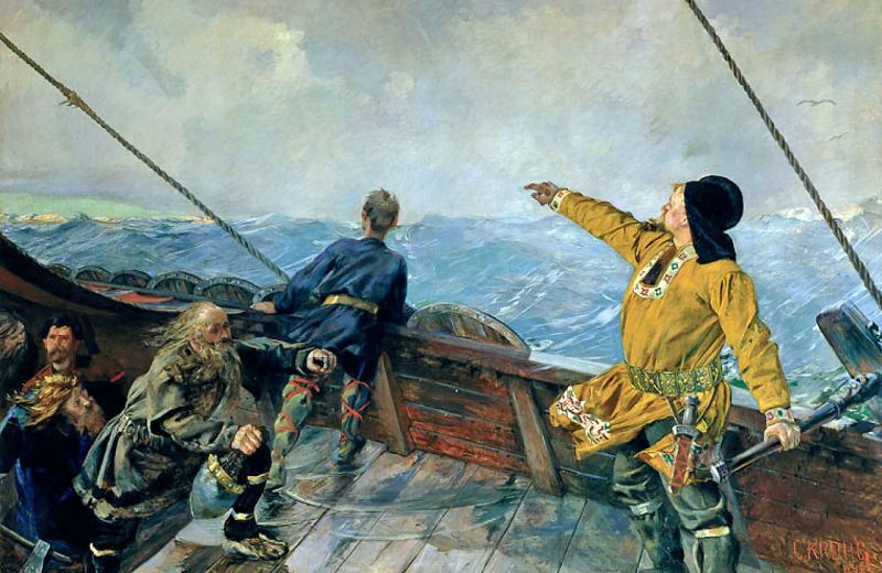 Leif Ericson (Limba nordică veche: Leifr Eiríksson) (c. 970 – c. 1020) a fost un explorator scandinav, considerat, în prezent, drept primul european care a debarcat în America de Nord (excluzând Groenlanda), cu 492 de ani înaintea lui Cristofor Columb. Conform Saga Islandezilor, a întemeiat o așezare în Vinland, ce a fost identificat cu situl viking de la L'Anse aux Meadows, din extremitatea nordică a insulei Newfoundland din Newfoundland și Labrador, Canada - in imagine, Leif Eriksson decoperǎ America (Christian Krogh, 1893) - foto preluat de pe ro.wikipedia.org
