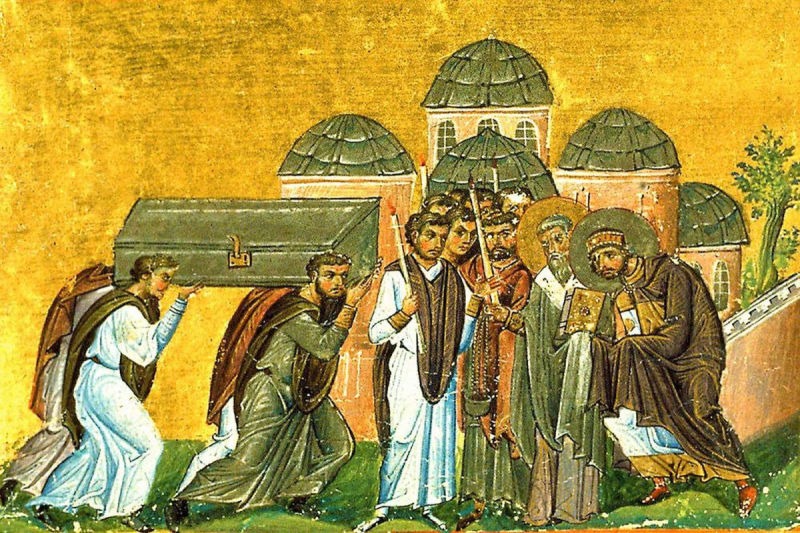 Aducerea moaștelor Sfântului Ierarh Ioan Gură de Aur (27 ianuarie 438) miniatură din Menologhionul lui Vasile al II-lea Macedoneanul (sec. XI) - foto preluat de pe ziarullumina.ro