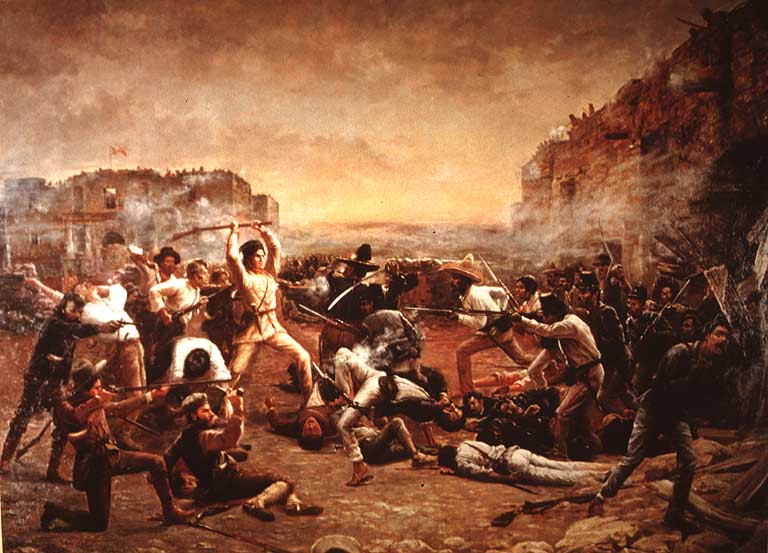 "Bătălia de la Alamo" (23 februarie – 6 martie 1836) - "Căderea Alamoului" (1903) de Robert Jenkins Onderdonk, îl prezintă pe Davy Crockett folosindu-și flinta drept bâtă împotriva soldaților mexicani care trecuseră de zidul misiunii - foto preluat de pe ro.wikipedia.org
