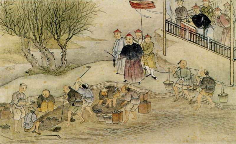 Reprezentare chineză contemporană a distrugerii opiumului sub comisarul Lin.Zexu (3 iunie 1839) - foto preluat de pe en.wikipedia.org