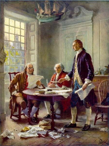 Această reprezentare idealizată a lui Franklin, Adams și Jefferson care lucrau la Declarație (de la stânga la dreapta) a fost reprodusă pe larg (de Jean Leon Gerome Ferris, 1900) - foto preluat de pe en.wikipedia.org