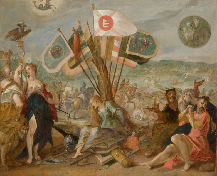 Bătălia de la Guruslău (3 august 1601) - Parte a Războiului cel Lung - Centru: Discordia, ţinând unele din cele 110 de steaguri capturate de Mihai Viteazul şi Basta (stânga: Moldova, dreapta: Odorhei, centru: steagul lui Báthory). Dreapta: Prizonieri transilvăneni aşezaţi sub un scut rotund cu simboluri transilvănene: o mână, o pasăre, un măgar, o oaie. Stânga: Diana, ţinând o suliţă cu vulturul bicefal imperial, sub Scorpion, semnul astrologic al împăratului Rudolf al II-lea de Habsburg. De Hans von Aachen, 1603–1604 - foto preluat de pe ro.wikipedia.org