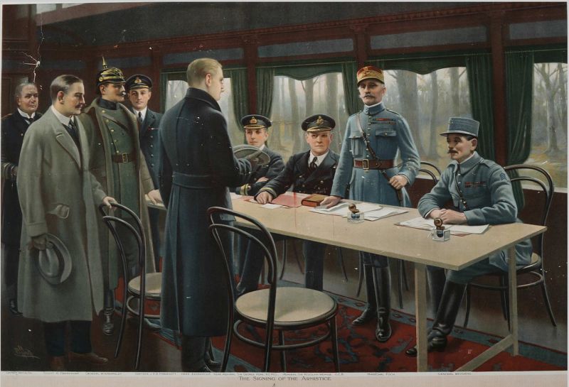 Painting depicting the signature of the armistice in the railway carriage. Behind the table, from right to left, general Weygand, Marshal Foch (standing) and British Admiral Rosslyn Wemyss and fourth from the left, British Naval Captain Jack Marriott. In the foreground, Erzberger, Major General Detlof von Winterfeldt (with helmet), Alfred von Oberndorff and Ernst Vanselow - foto preluat de pe en.wikipedia.org