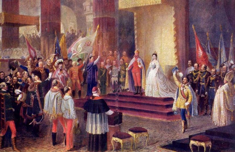 Încoronarea lui Francisc Iosif I şi a consoartei sale Elisabeta ca pereche regală a Ţărilor Coroanei Sfântului Ştefan, 1867 - foto preluat de pe ro.wikipedia.org