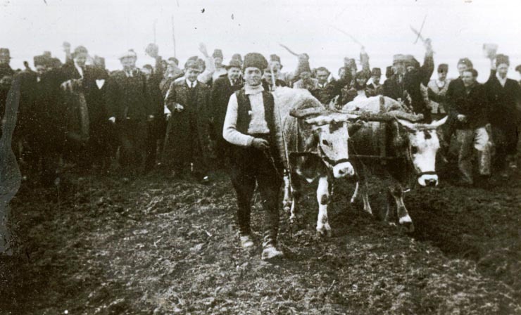 Fotografie istorică alb-negru în plan ansamblu cu o mulțime de țărani în haine tradiționale, adunați în aer liber la un miting politic, ținând pancarte în mâini.