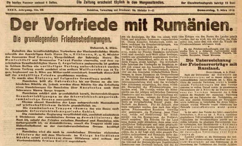 Anunţ privind încheierea păcii preliminare de la Buftea din 24 februarie/5 martie 1918 - foto preluat de pe ro.wikipedia.org
