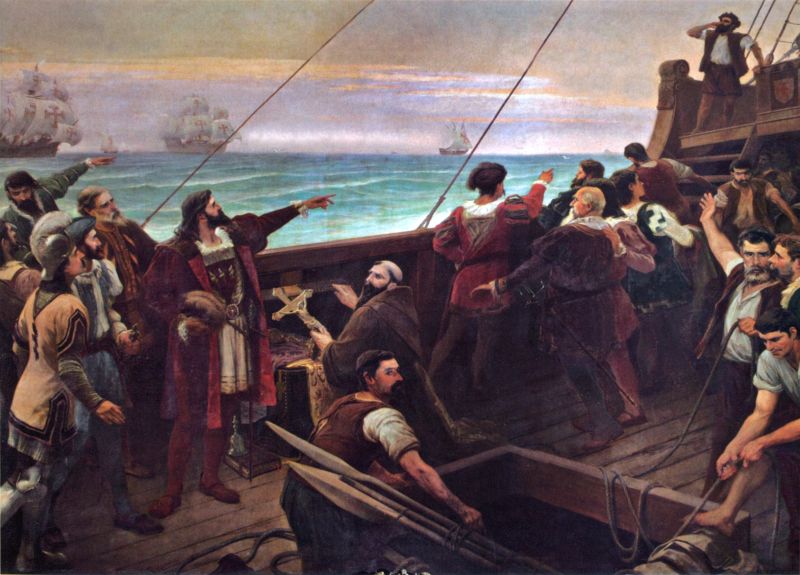 Cabral (centru-stânga, arătând cu degetul) vede Brazilia pentru prima oară la 22 aprilie 1500 - foto preluat de pe ro.wikipedia.org