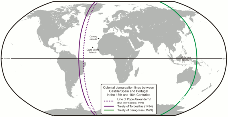 O diagramă a hărții lumii în proiecție eliptică, prezentând continentele cu gri deschis și oceanele cu alb, tăiată vertical de linii colorate (mov în Atlantic și verde în Pacific) pentru a delimita sferele de influență colonială ale Spaniei și Portugaliei.