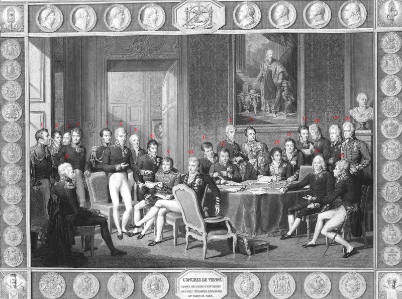 Delegaţii Congresului de la Viena, (18 septembrie 1814 - 9 iunie 1815) după o pictură a lui Jean-Baptiste Isabey: 1. Arthur Wellesley, 1st Duke of Wellington 2. Joaquim Lobo Silveira, 7th Count of Oriola 3. António de Saldanha da Gama, Count of Porto Santo 4. Count Carl Löwenhielm 5. Jean-Louis-Paul-François, 5th Duke of Noailles 6. Klemens Wenzel, Prince von Metternich 7. André Dupin 8. Count Karl Robert Nesselrode 9. Pedro de Sousa Holstein, 1st Count of Palmela 10. Robert Stewart, Viscount Castlereagh 11. Emmerich Joseph, Duke of Dalberg 12. Baron Johann von Wessenberg 13. Prince Andrey Kirillovich Razumovsky 14. Charles Stewart, 1st Baron Stewart 15. Pedro Gómez Labrador, Marquis of Labrador 16. Richard Le Poer Trench, 2nd Earl of Clancarty 17. Wacken (Recorder) 18. Friedrich von Gentz (Congress Secretary) 19. Baron Wilhelm von Humboldt 20. William Cathcart, 1st Earl Cathcart 21. Prince Karl August von Hardenberg 22. Charles Maurice de Talleyrand-Périgord 23. Count Gustav Ernst von Stackelberg - foto preluat de pe en.wikipedia.org