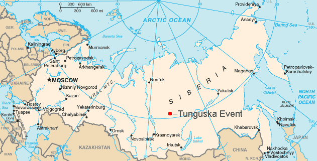 Hartă reprezentând locația aproximativă a "Fenomenului Tunguska" (30 iunie 1908) -  foto preluat de pe ro.wikipedia.org