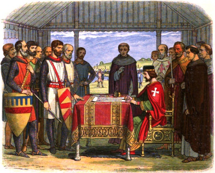 O recreare romantizată din secolul al XIX-lea a semnării Magna Carta de către regele Ioan. În loc să fie semnat în scris, documentul ar fi fost autentificat cu Marele Sigiliu și aplicat de oficiali, nu de către Ioan însuși  - foto preluat de pe en.wikipedia.org