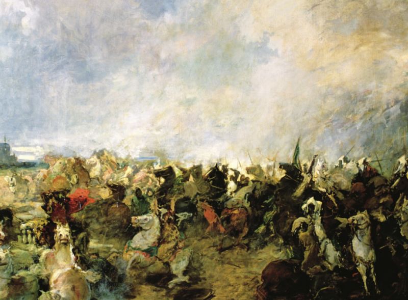 Battle of Guadalete (711) -
Part of the Umayyad conquest of Hispania - The Visigothic retreat in front of the Berber cavalry, as depicted by Salvador Martínez Cubells (1845–1914) - foto preluat de pe en.wikipedia.org