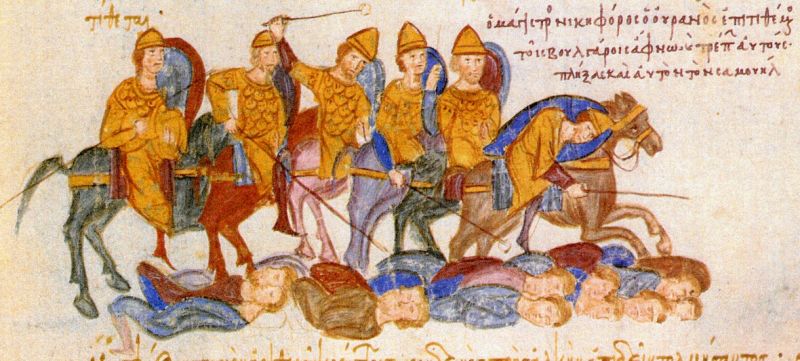 Bătălia de la Kleidion (29 iulie 1014) Parte a războaielor bizantino-bulgare - bizantinii îi înving pe bulgari la Kleidion, Skylitzes din Madrid - foto preluat de pe en.wikipedia.org