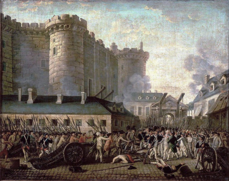 Arrest of de Launay by an anonymous artist. A 2013 analysis of the Bastille dimensions showed that it did not tower over the neighborhood as was depicted in the paintings but was more of a comparable height to other buildings in the neighborhood - foto preluat de pe en.wikipedia.org